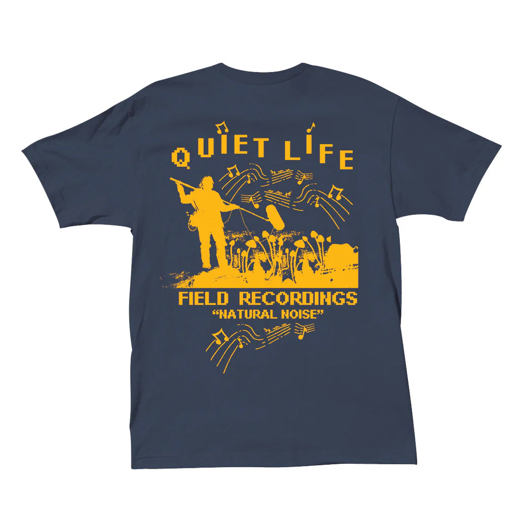 The Quiet Life t-shirt i blå med gult print og teksten Quiet Life field recordings