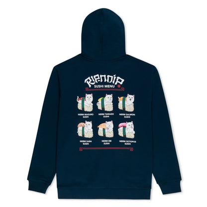 RIPNDIP Sushi Nerm Hoodie med katte-sushi grafik i mørkeblå